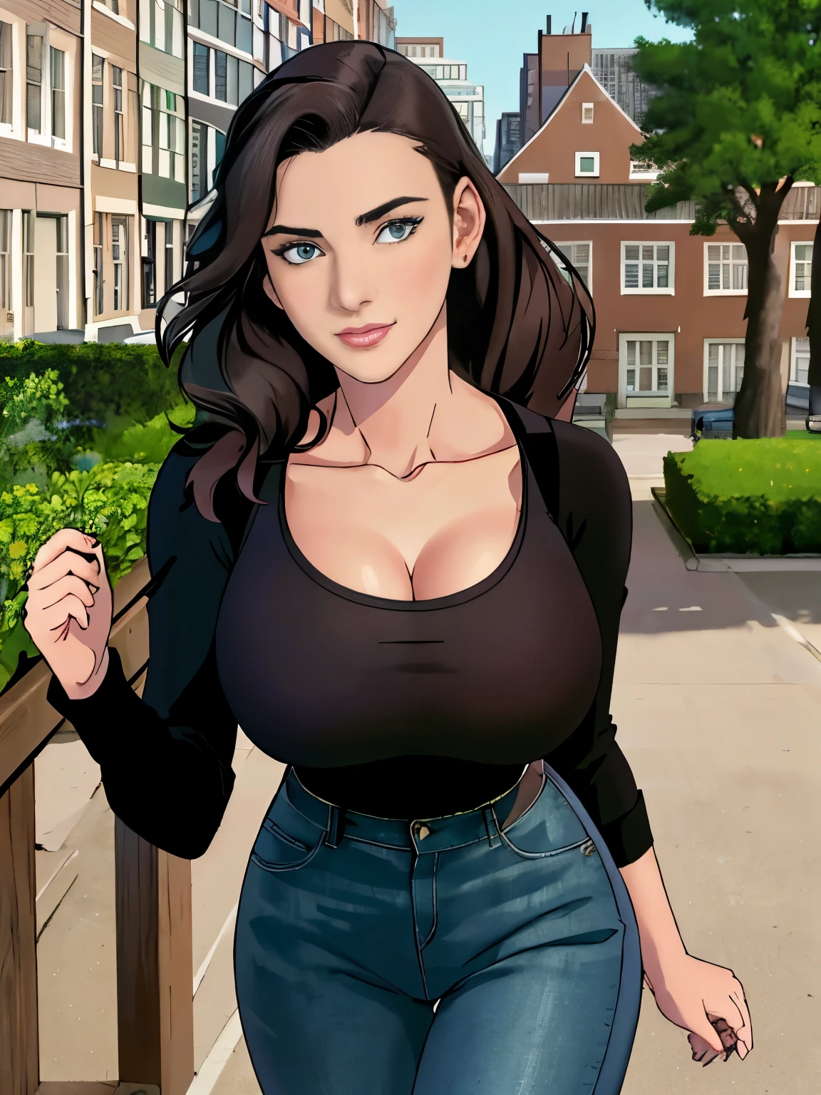 (masterpiece, top quality, best quality, official art, beautiful and aesthetic:1.2), (1girl:1.3), dark brown hair pulled back, elegant updo, extremely detailed, portrait, looking at viewer, facing viewer, solo, (full body:0.6), detailed background, close up, kindly eyes, (warm summer park theme:1.1), busty woman, charlatan, smirk, mysterious, long hair, updo, slim, thin, athletic, womanly, elastic woman, black jacket, tank top, green jeans, hair bandana, camera bag, brunette, city, heroic, cheerful, city exterior, park, street, daylight, soft lighting, natural lighting, athletic, strong, slim waist, slim hips, long legs, muscular legs, modern (city park exterior:1.1) background, bright mysterious lighting, shadows, magical atmosphere, dutch angle,