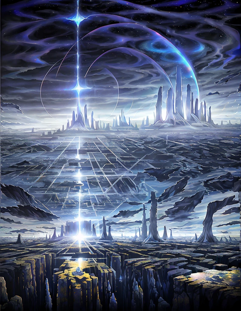 In a surreal landscape of interconnected parallel universes, ethereal bridges of shimmering light stretch out towards infinity. Ancient towers, inherently different yet inherently the same, stand tall in each dimension. The sky is a canvas of ever-changing hues, swirling together in a mesmerizing dance of colors.
Liquid clouds from one reality flow into the next, forming strange patterns that defy logic. Diorama-like scenes unfold before your eyes, each revealing intriguing glimpses of life in alternative dimensions. The ground underfoot is a puzzle of cracked and badly damaged walls, yet somehow, they hold an uncanny allure.
Glowing