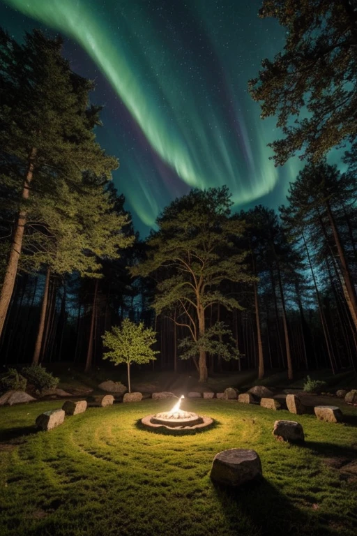(best quality,4k,8k,highres,masterpiece:1.2),ultra-detailed,(realistic,photorealistic,photo-realistic:1.37),dark and mystical,aurora borealis,ancient and magical vibes,ethereal atmosphere,night scene,moonlit sky,shining stars,enshrouded in mist,whispering trees,tranquil and serene,peaceful calmness,ancient oak tree with intricate branches,sacred ritual,moonbeam illuminating the circle,emerald green moss covering the rocks,the druid standing in the center,flowing white robe,leaf-shaped amulet,deep blue eyes reflecting the moonlight,holding a staff adorned with runes,evoking the powers of nature,connecting with the spirits,performing a mystical dance,casting spells,concentrated energy,engulfed by a magical aura,surrounded by woodland creatures,deer,fox,owl and rabbit,unseen forces guiding the druid's every move,the circle of rocks pulsating with ancient energy,calming vibrations,creating a balance between earth and sky,transcending time and space.