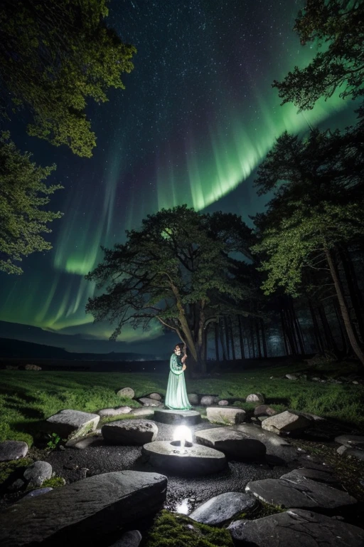(best quality,4k,8k,highres,masterpiece:1.2),ultra-detailed,(realistic,photorealistic,photo-realistic:1.37),dark and mystical,aurora borealis,ancient and magical vibes,ethereal atmosphere,night scene,moonlit sky,shining stars,enshrouded in mist,whispering trees,tranquil and serene,peaceful calmness,ancient oak tree with intricate branches,sacred ritual,moonbeam illuminating the circle,emerald green moss covering the rocks,the druid standing in the center,flowing white robe,leaf-shaped amulet,deep blue eyes reflecting the moonlight,holding a staff adorned with runes,evoking the powers of nature,connecting with the spirits,performing a mystical dance,casting spells,concentrated energy,engulfed by a magical aura,surrounded by woodland creatures,deer,fox,owl and rabbit,unseen forces guiding the druid's every move,the circle of rocks pulsating with ancient energy,calming vibrations,creating a balance between earth and sky,transcending time and space.