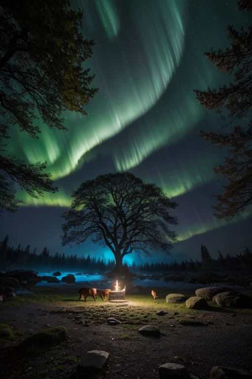 (best quality,4k,8k,highres,masterpiece:1.2),ultra-detailed,(realistic,photorealistic,photo-realistic:1.37),dark and mystical,aurora borealis,ancient and magical vibes,ethereal atmosphere,night scene,moonlit sky,shining stars,enshrouded in mist,whispering trees,tranquil and serene,peaceful calmness,ancient oak tree with intricate branches,sacred ritual,moonbeam illuminating the circle,emerald green moss covering the rocks,the druid standing in the center,flowing white robe,leaf-shaped amulet,deep blue eyes reflecting the moonlight,holding a staff adorned with runes,evoking the powers of nature,connecting with the spirits,performing a mystical dance,casting spells,concentrated energy,engulfed by a magical aura,surrounded by woodland creatures,deer,fox,owl and rabbit,unseen forces guiding the druid's every move,the circle of rocks pulsating with ancient energy,calming vibrations,creating a balance between earth and sky,transcending time and space.