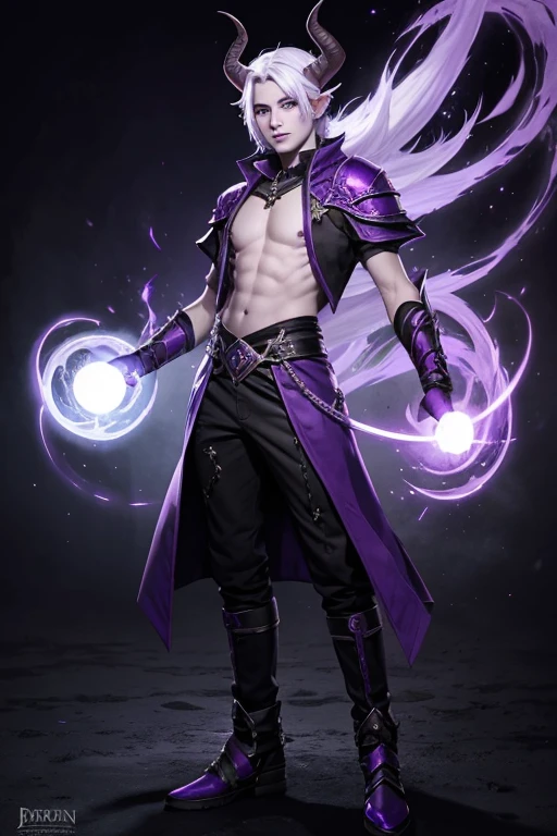 Tiefling male with purple skin, white eyes, sorcerer, casting spell, full body, white hair short, feminine features, purple skin, horns