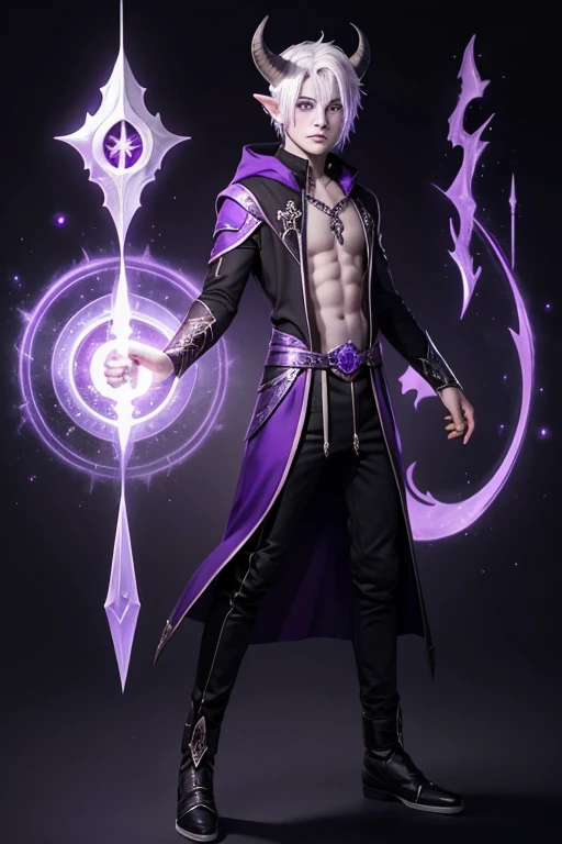 Tiefling teen male with purple skin, white eyes, sorcerer, casting spell, full body, white hair short, feminine features, purple skin, horns