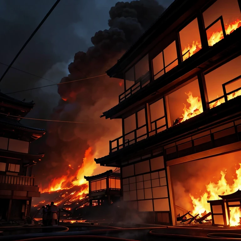 inside burning building in Kyoto, massive full, fully engulfed in fire