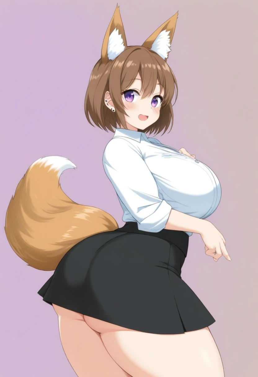 Anime,age 18, female ,kitsune brown short tomboy hair and violet eyes, fox ears and tail, huge M-size breasts and thicc thighs nice curves and huge ass, about 4,9 ear piercing button shirt ready to snap outfit short skirt