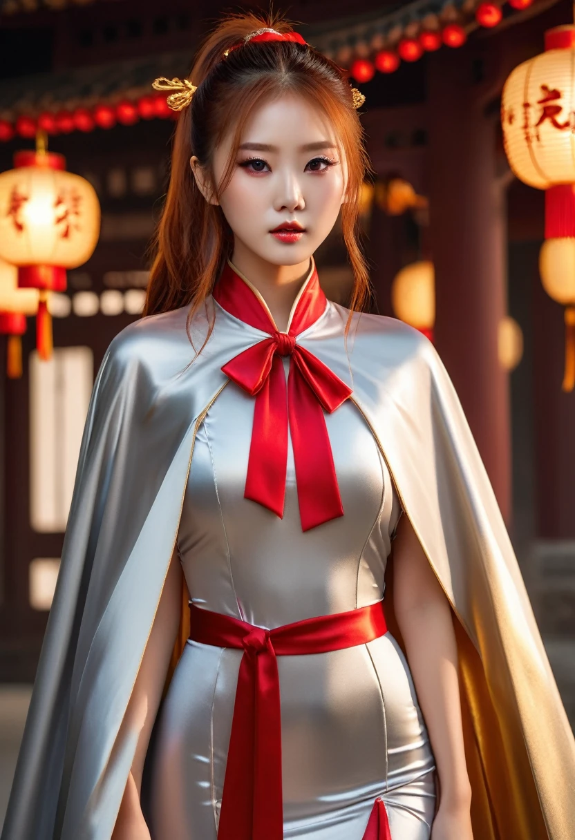 (RAW Photo) , (highly detailed:1.20) , (ultra realistic :1.10) ,sexy chinese girl in her 20s ,
(perfect face:1.20) , (detailed red eyes :1.20) , with long auburn hair in a high ponytail ,
(long silver and gold lined cape tied at the neck with a ribbon :1.20) , full body, high-quality
ultra realistic style, warm tones, soft lighting, detailed eyes, professional, expressive , 8K ,
highly detailed , professional,