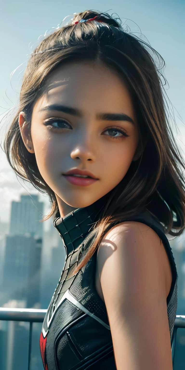 (1 chica:1.3), Solo, (((Very cara detallada)))), ((Ojos y rostro muy detallados.)))), Hermosos detalles ojos, partes del cuerpo__, arte oficial, Fondo de pantalla unificado de 8k, super detailed, hermoso and hermoso, hermoso, Obra maestra, mejor calidad, original, Obra maestra, super fine photo, mejor calidad, super high resolution, realismo realista, luz de sol, Retrato de cuerpo entero, belleza extraordinaria, dynamic pose, Cara delicada, ojos vibrantes, (desde el frente), Lleva un traje de Spider-Man., esquema de color rojo y negro, spider, fondo de techo de ciudad muy detallado, Techo, con vistas a la ciudad, cara detallada, Fondo ocupado complejo detallado, desordenado, gorgeous, blanco lechoso, piel muy detallada, detalles de piel realistas, visible pores, enfoque claro, volumetric fog, 8k hd, DSLR, alta calidad, film grain, piel blanca, photographic realism, lomography, Futuristic dystopian megalopolis, Translucent