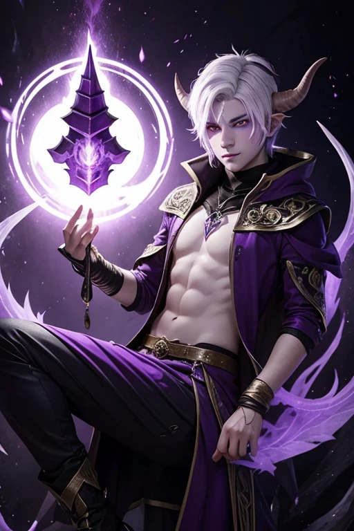 Tiefling teen male with purple skin, white eyes, sorcerer, casting spell, full body, white hair short, feminine features, purple skin, purple horns 