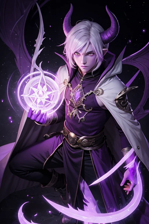 Tiefling male with purple skin, white eyes, sorcerer, casting spell, full body, white hair short, feminine features, purple skin, purple horns