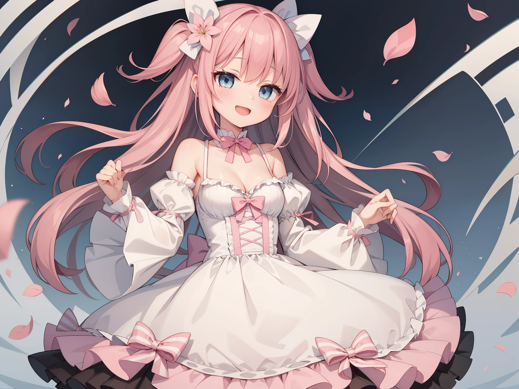 1girl, rating:safe, solo, striped, dress, vertical_stripes, blush, long_hair, pink_hair, hair_ornament, long_sleeves, breasts, blue_eyes, eyebrows_visible_through_hair, bangs, puffy_sleeves, very_long_hair, frills, flower, bow, smile, juliet_sleeves, vertical-striped_dress, looking_at_viewer, striped_bow, hair_flower, open_mouth, hair_bow, cleavage, frilled_dress, medium_breasts, striped_dress, bare_shoulders, striped_background, diagonal_stripes, two_side_up, pink_bow, brown_hair, pink_flower, petals, sleeves_past_wrists, white_dress, ribbon, small_breasts