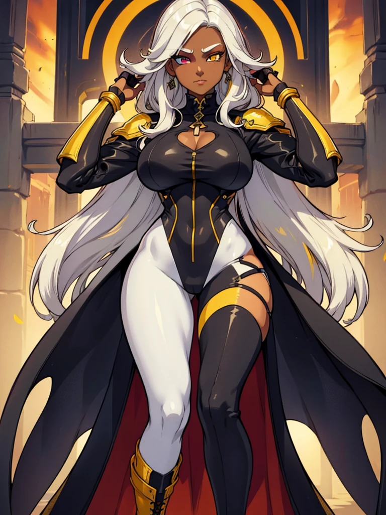 photo of a beautiful 32 year old woman, dark skin, white hair, round glasses on her face, wearing a tight black jumpsuit with light armor, (ultra detailed face), (1 dark skinned human female), long white hair, (( ((Heterochromia in eyes, red and yellow eyes)))), (very detailed eyes: 1,2), (((detailed red and yellow eyes))), ideal body proportion, (gauntlets and high-heeled boots)