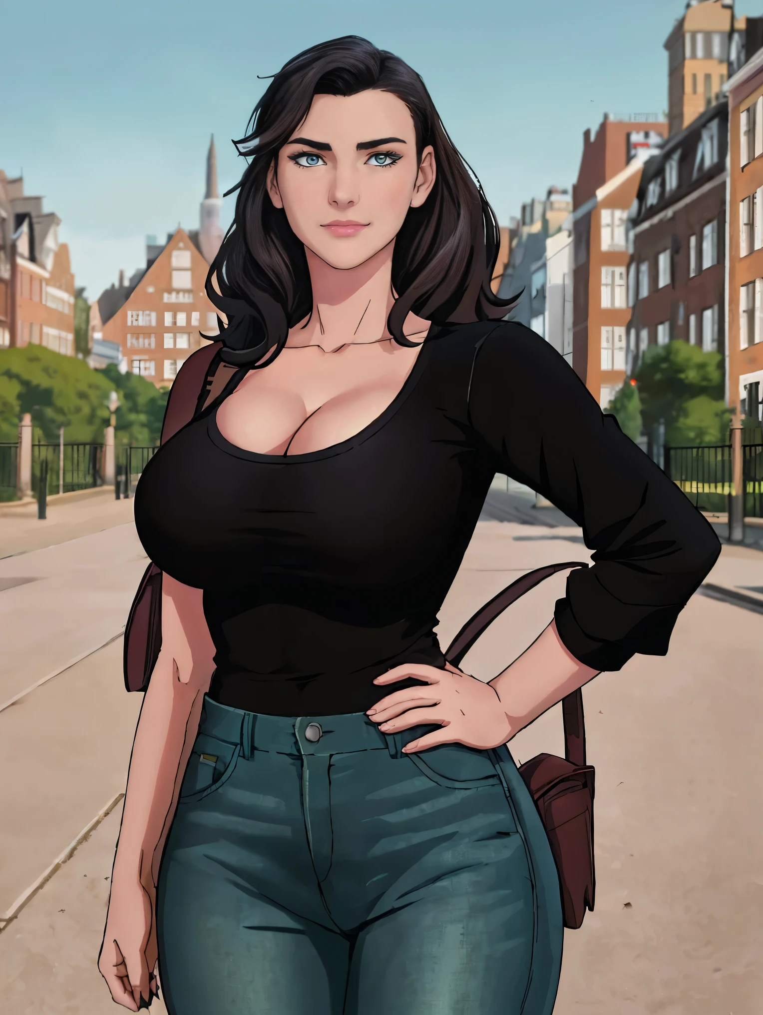 (masterpiece, top quality, best quality, official art, beautiful and aesthetic:1.2), (1girl:1.3), dark brown hair pulled back, elegant updo, extremely detailed, portrait, looking at viewer, facing viewer, solo, (full body:0.6), detailed background, close up, kindly eyes, (warm summer park theme:1.1), busty woman, charlatan, smirk, mysterious, long hair, updo, slim, thin, athletic, womanly, elastic woman, black jacket, tank top, green jeans, hair bandana, camera bag, brunette, city, heroic, cheerful, city exterior, park, street, daylight, soft lighting, natural lighting, athletic, strong, slim waist, slim hips, long legs, muscular legs, modern (city park exterior:1.1) background, bright mysterious lighting, shadows, magical atmosphere, dutch angle, 