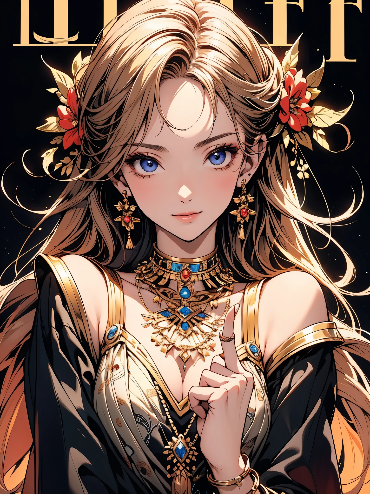 ((focus on the face)), ((Beautiful facial features)), Extra high detailed description eyes, Beautiful eyes, Beautiful woman, Beautiful arms, Beautiful Hands, (slender), Detailed depiction of faces, Small earrings, necklace, litle smile, Outstanding style, colour ink art, Line art, colour pencil writing, magazine cover, illustration, anime style, (magazine:1.3), (cover-style:1.3), drop shadow, projected inset, 8K, Masterpiece, anatomically correct, award winning, best quality