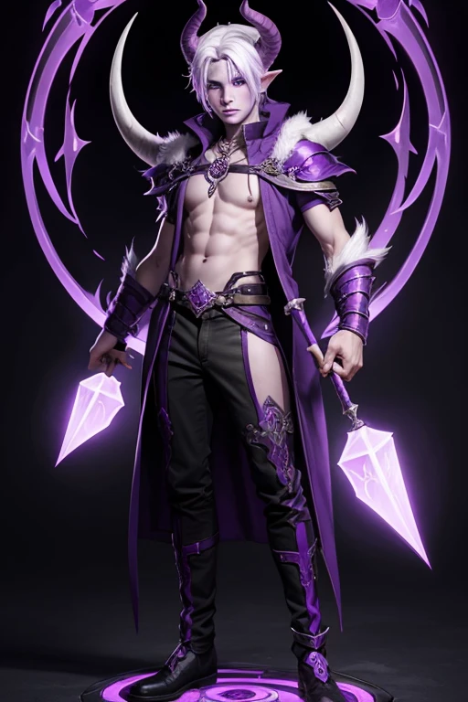 Tiefling teen male with purple skin,sorcerer, casting spell, full body, white hair short, purple skin, purple horns 