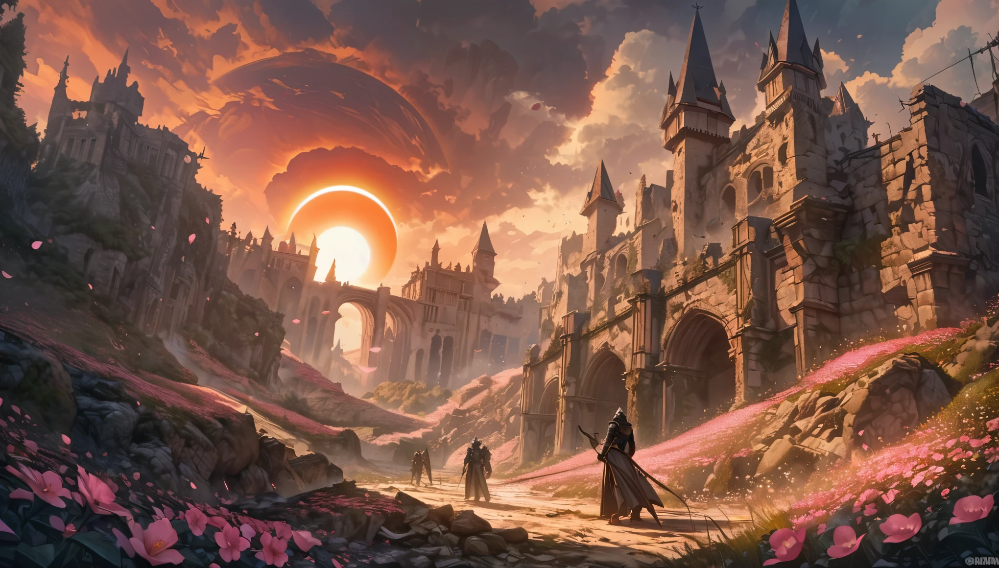 anime aestetics, fantasy landscape, day time, dark orange skies, swapm with a lot of rocky hills, the ruiins of a huge castle far at the background, ruins of the medieval wall on the foreground, white spiky sun, beautiful architecturered solar eclipse, a lot of pink flowers with pointy petals, dark souls 3 eclipse, wide shot, front view, berserk eclipse, tragic atmospher, sad atmosphere,   4k, masterpiece:1.4, best quality,4k,high resolution ultra detailed, retina