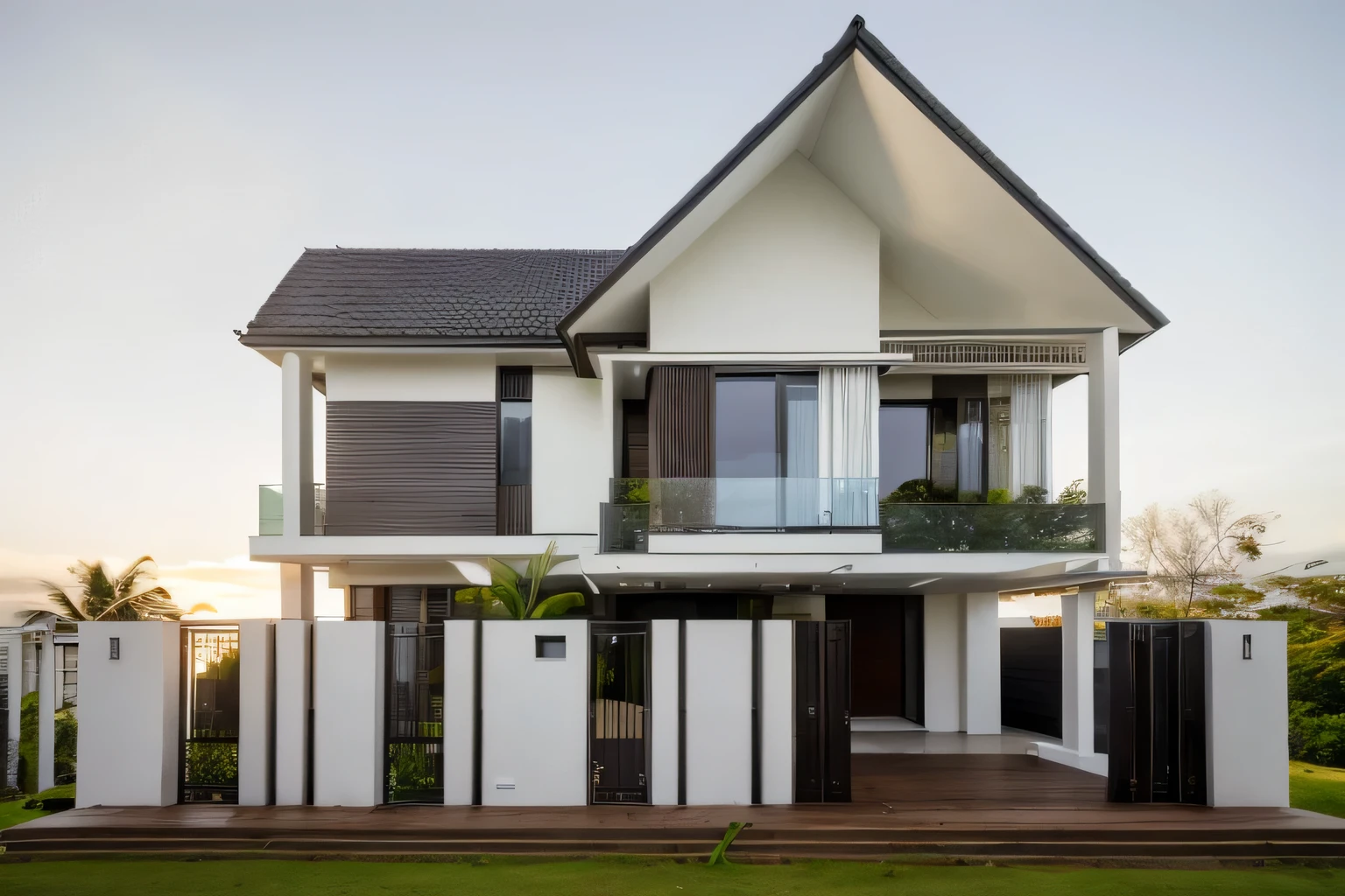 a contemporary luxury house with large span balcony on a slope hill , glass railing, ((coconut trees)), morning sunlight