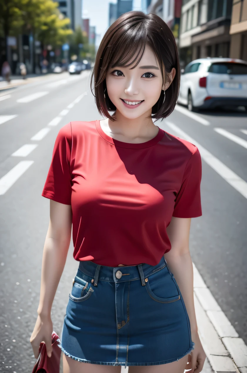 The beauty of 8K raw photos:2.0, Japanese woman, short hair, beautiful face and dark eyes, looking down, looking at the viewer:1.5, big smile, wet hair, tiny top, (denim mini skirt and red shirts:1.2), shinny skin, open wide legs, realistic:1.9, very detailed, full body shot:1.2, High resolution RAW color photos, professional photos, Taken at the urban city street, girl sexy portrait