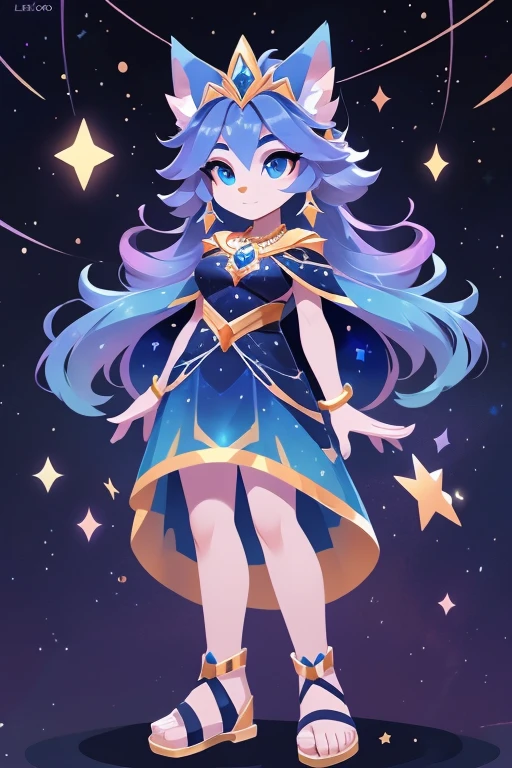 Nome completo: Celeste Nova
Pode:
Manipulate the movement of stars Access cosmic knowledge Create illusory constellations Color: Azul escuro
Estilo de roupa:
Long blue dress with star prints Cape with constellation details Gold sandals Accessories:
Tiara with shining stars Pendant earrings in the shape of moon and star Bracelet with astrological symbols Background:
Starry space with diverse bright constellations Character: Violet Characteristics:
Personalidade: Enigmatic, poderosa, controle da mente
Poder: Telecinesia e controle mental