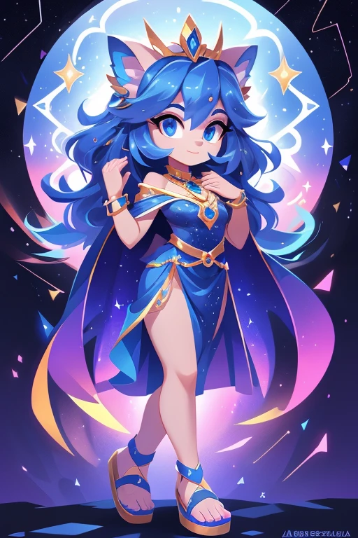 Nome completo: Celeste Nova
Pode:
Manipulate the movement of stars Access cosmic knowledge Create illusory constellations Color: Azul escuro
Estilo de roupa:
Long blue dress with star prints Cape with constellation details Gold sandals Accessories:
Tiara with shining stars Pendant earrings in the shape of moon and star Bracelet with astrological symbols Background:
Starry space with diverse bright constellations Character: Violet Characteristics:
Personalidade: Enigmatic, poderosa, controle da mente
Poder: Telecinesia e controle mental