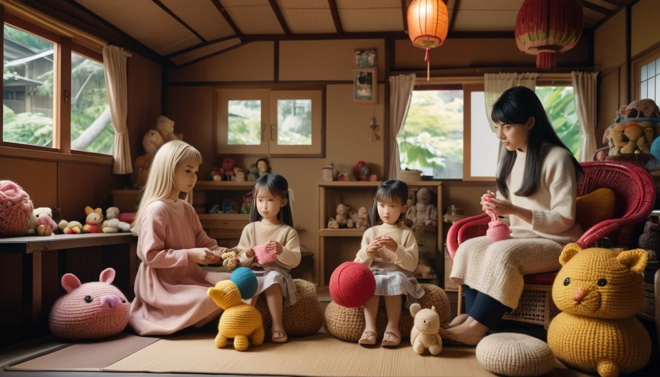 cinematic photo style by Araki, 1 girl ************ with long hair along with a woman 50 years old with short blond hair, girl crocheting knitted toys while sitting in a deep chair, Group portrait, against the background of the interior of a Japanese hut with children&#39;s drawings , there is one beautiful bowl of tea on the bamboo table, books, darkness, lighting from lamps, film, bokeh, professional, 4k, highly detailed,