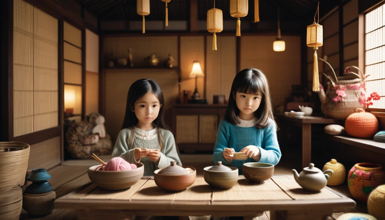 cinematic photo style by Araki, beautiful detailed faces, 1 girl 14 years old with long hair along with a woman 50 years old with short blond hair, girl crocheting knitted toys while sitting in a deep chair, Group portrait, against the background of the interior of a Japanese hut with childrens drawings , there is one beautiful bowl of tea on the bamboo table, books, night darkness, lighting from lamps, film, bokeh, professional, 16k, highly detailed,
