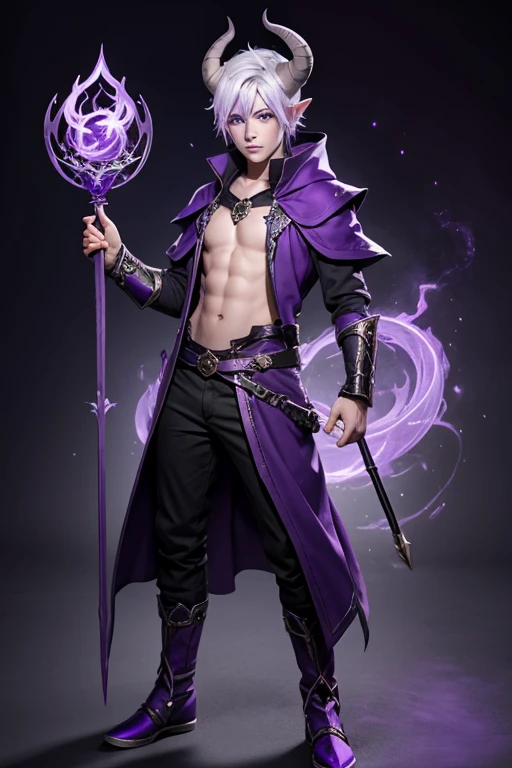 Tiefling teen male with purple skin,sorcerer, casting spell, full body, white hair short, purple skin, purple horns 