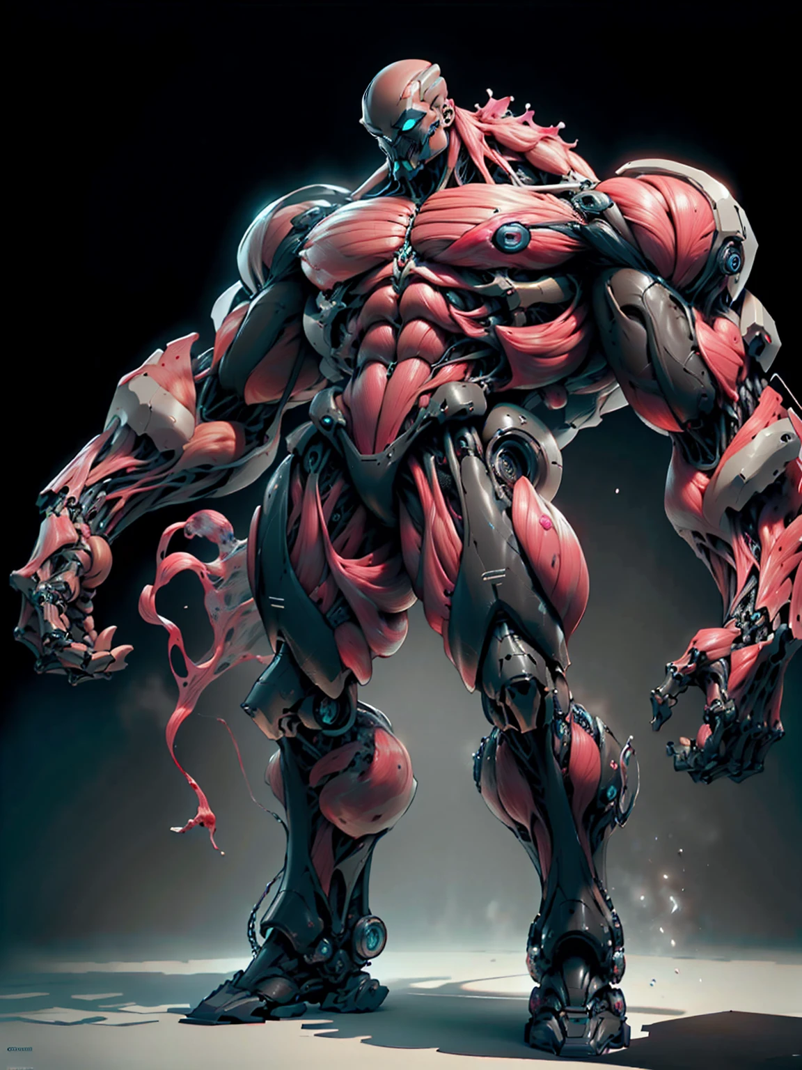 (1 girl), (cara delevingne), (muscular android girl wearing a black anatomic cybernetic muscle suit:1.25), (wide shoulders:1.25), (muscular defined physique:1.25), perfect hands, long hair, large breasts, high resolution image, extreme detail, blank background