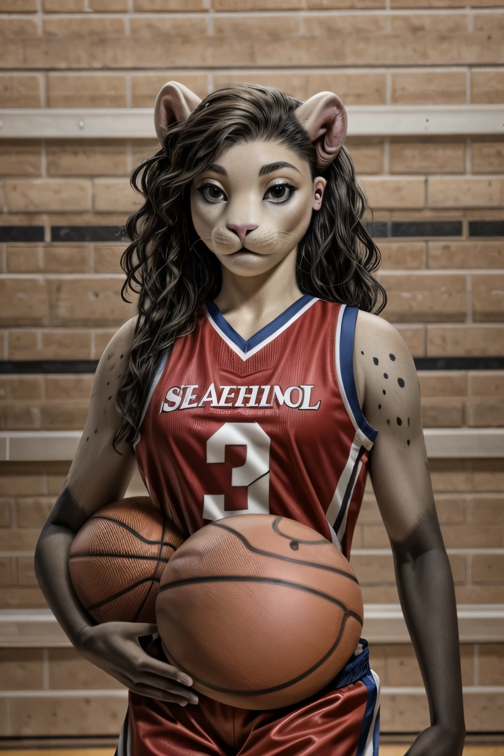 Female seal basketball player, furry seal woman, ears
