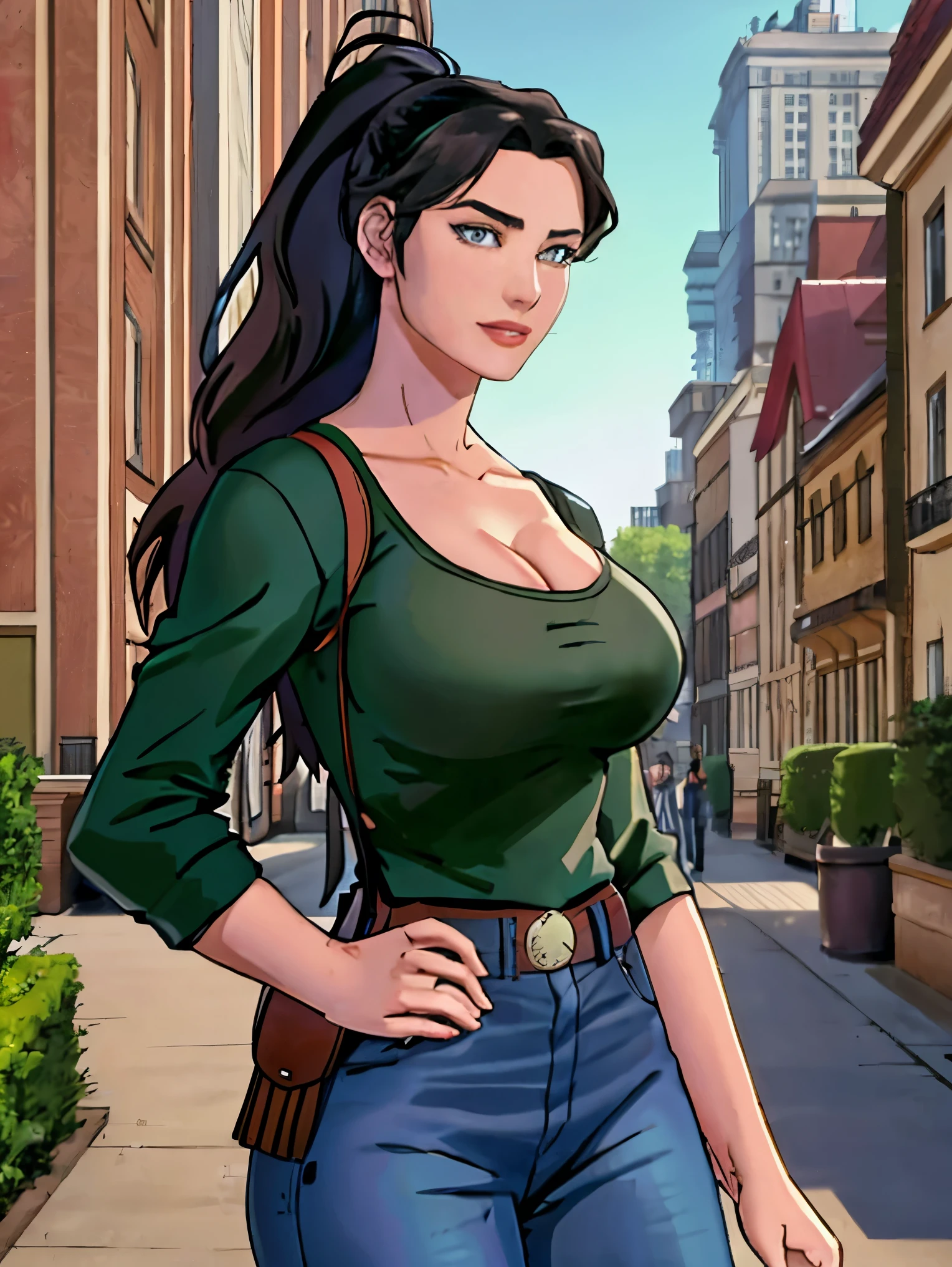 (masterpiece, top quality, best quality, official art, beautiful and aesthetic:1.2), (1girl:1.3), dark brown hair pulled back, elegant updo, extremely detailed, portrait, looking at viewer, facing viewer, solo, (full body:0.6), detailed background, close up, kindly eyes, (warm summer park theme:1.1), busty woman, charlatan, smirk, mysterious, long hair, huge ponytail, slim, thin, athletic, womanly, elastic woman, dark green jacket, tank top, blue jeans, hair bandana, camera bag, brunette, city, heroic, cheerful, city exterior, park, street, daylight, soft lighting, natural lighting, athletic, strong, slim waist, slim hips, long legs, muscular legs, modern (city park exterior:1.1) background, bright mysterious lighting, shadows, magical atmosphere, dutch angle,