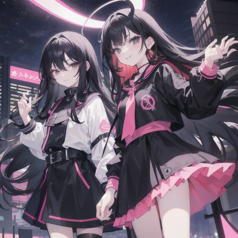 Two girls, night city. The first girl("Long black hair, y2k style outfit, black eyes, flat expression, cool") + The second girl("Long and wavy black hair, pink and girly style outfit, black eyes, smiling expression, cute")