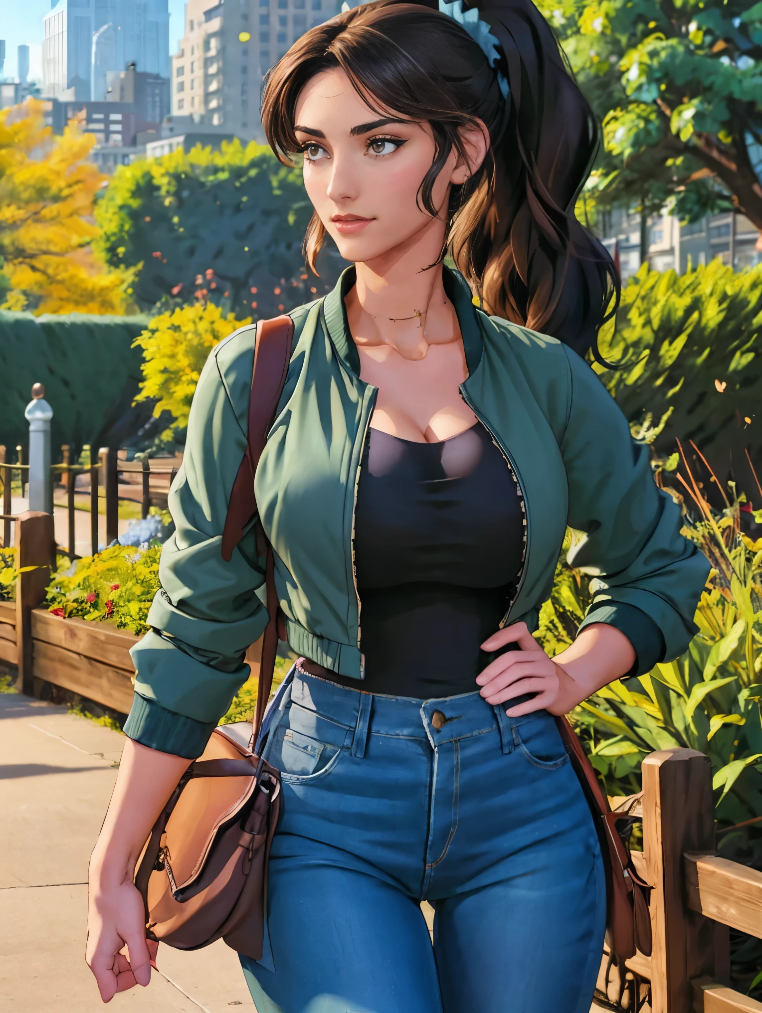 (masterpiece, top quality, best quality, official art, beautiful and aesthetic:1.2), (1girl:1.3), dark brown hair pulled back, elegant updo, extremely detailed, portrait, looking at viewer, facing viewer, solo, (full body:0.6), detailed background, close up, kindly eyes, (warm summer park theme:1.1), busty woman, charlatan, smirk, mysterious, long hair, huge ponytail, slim, thin, athletic, womanly, elastic woman, dark green jacket, tank top, blue jeans, hair bandana, camera bag, brunette, city, heroic, cheerful, city exterior, park, street, daylight, soft lighting, natural lighting, athletic, strong, slim waist, slim hips, long legs, muscular legs, modern (city park exterior:1.1) background, bright mysterious lighting, shadows, magical atmosphere, dutch angle,