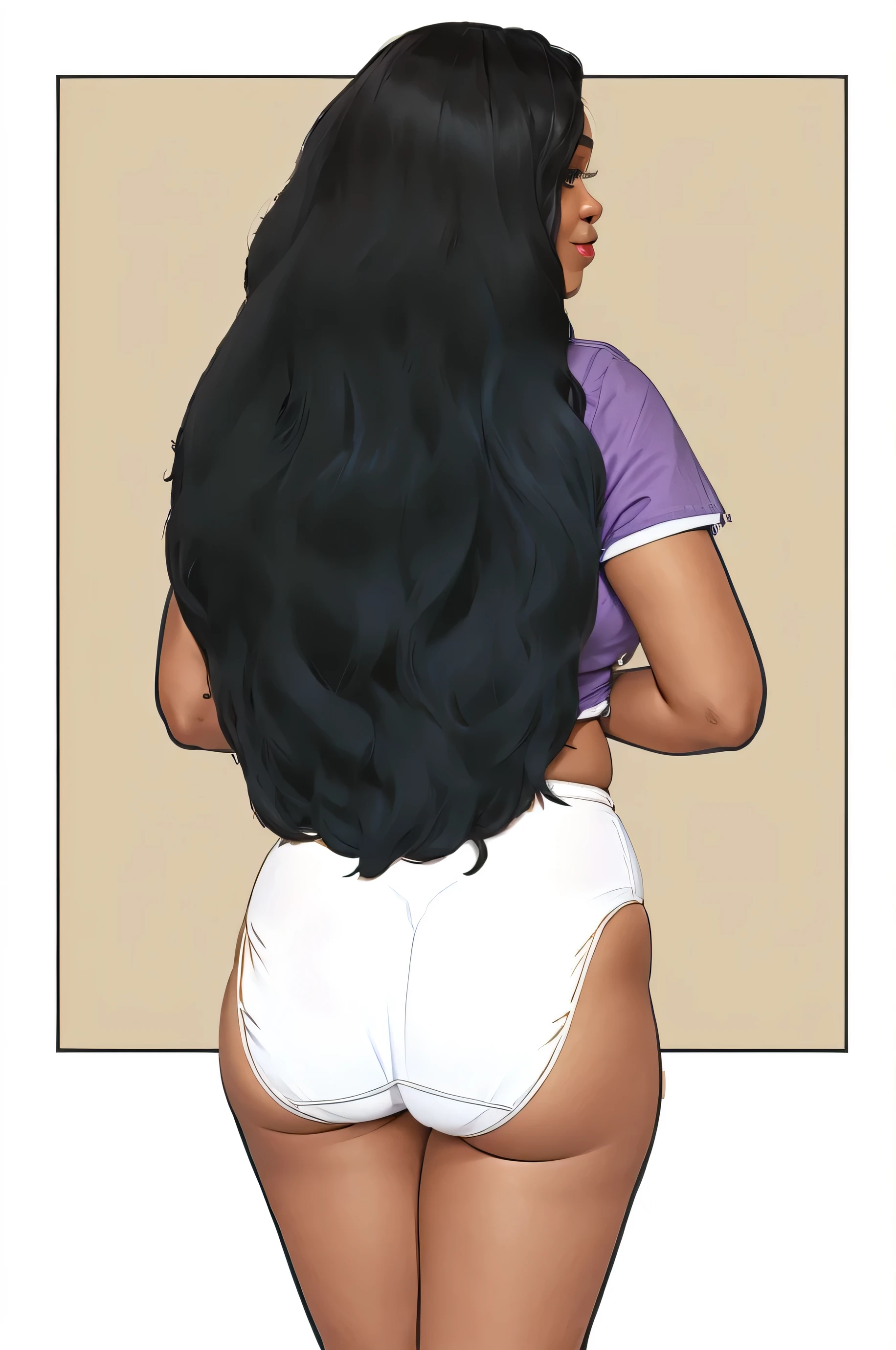 ((masterpiece, best quality)), ((((perfect anatomy)))), ((33 year old)), (((Curvy))), ((Black woman with long black curly hair)), in ((white fullback panties)), ((purple shirt)), ((wide hips)), smirking, (((Back shot))), (((realistic art style)))