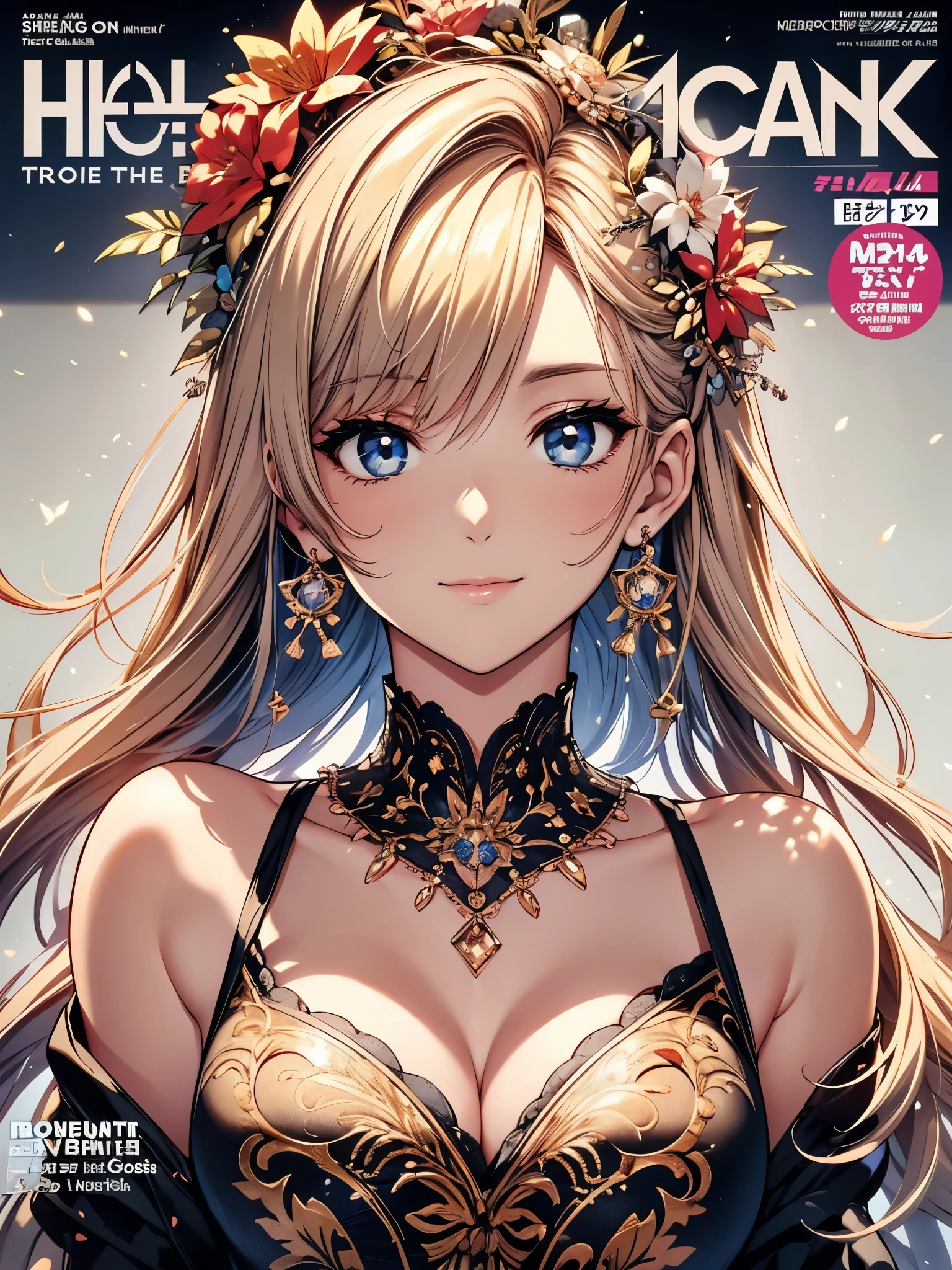 ((focus on the face)), ((Beautiful facial features)), Extra high detailed description eyes, Beautiful eyes, Beautiful woman, Beautiful arms, Beautiful Hands, (slender), Detailed depiction of faces, Small earrings, necklace, litle smile, Outstanding style, colour ink art, Line art, colour pencil writing, magazine cover, illustration, anime style, (magazine:1.3), (cover-style:1.3), drop shadow, projected inset, 8K, Masterpiece, anatomically correct, award winning, best quality