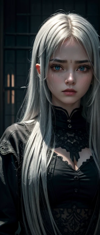 V0id3nergy,luminescent, Blood_vessel,, (masterpiece:1.3), (the best_quality:1.3), (extremist_detailed:1.3), 8k, extremely_Clear, realism, (extremistPractical:1.3),, insane details, intricate details, hyperdetailed, extremist detailed, extreme detailed, Highest detailed, High_detail, rich and colorful, fair, HDR, photoPractical, HighThe reservoir, extremist_High_The reservoir, photography, Aesthetic, extremely_Beautifully,((Fractal Art)),rich and colorful, moth (Cover left eye), somber expThe reservoirsion, cry (Red), (Horror Art, fear),HighThe reservoir, 16K,Raw,extremist HighThe reservoir,extremist details,finely detail,an extremely Beautifully and fair,extremely detailed,true shadow, Practical,Highly detailed photo,屡获殊荣的魅力photography作品,photoPractical,shining, Clear, White skin、Silver hair flutters in the wind,Cover her beautiful face.、Huge breasts、18-year-old beauty face、Long bangs cover the vicious eyes, Full of young woman,shining silver hair,(((full-body shot)))