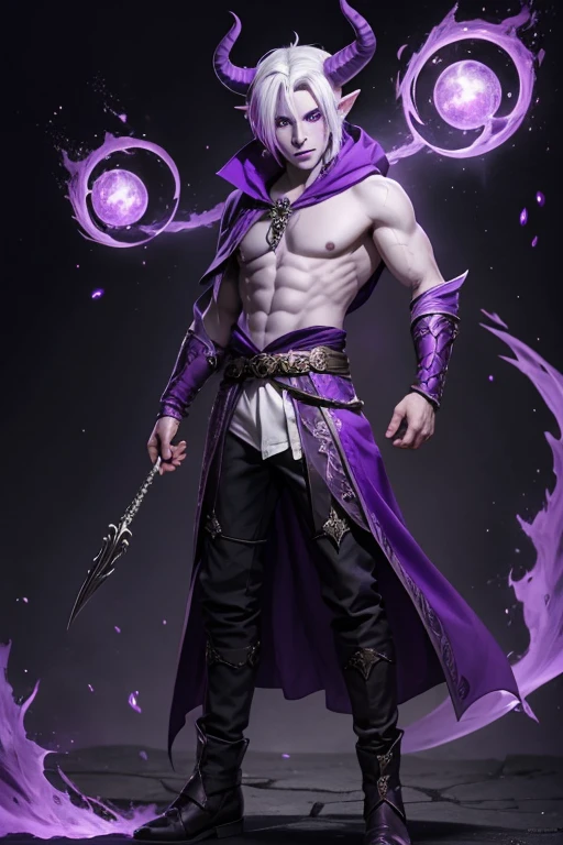 Tiefling male with purple skin,sorcerer, casting spell, full body, white hair short, purple skin, purple horns