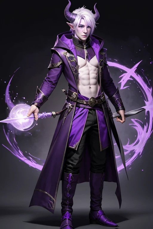 Tiefling male with purple skin,sorcerer, casting spell, full body, white hair short, purple skin, purple horns, chains, piercings, pants