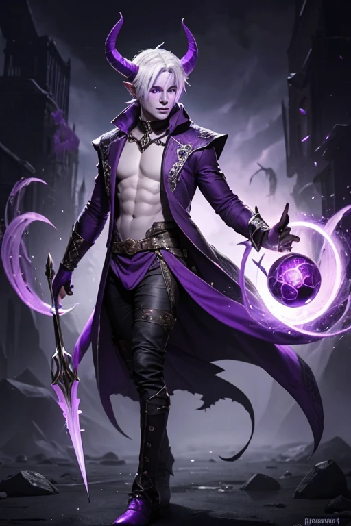 Tiefling male with purple skin,sorcerer, casting spell, full body, white hair short, purple skin, purple horns
