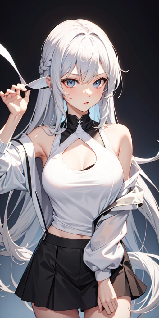 
Sexy pose ,ripped shirt,tank top,short skirt, long sleeves, masterpiece, best quality, silver hair, multiple girls, upper body, long hair, 2girls, 