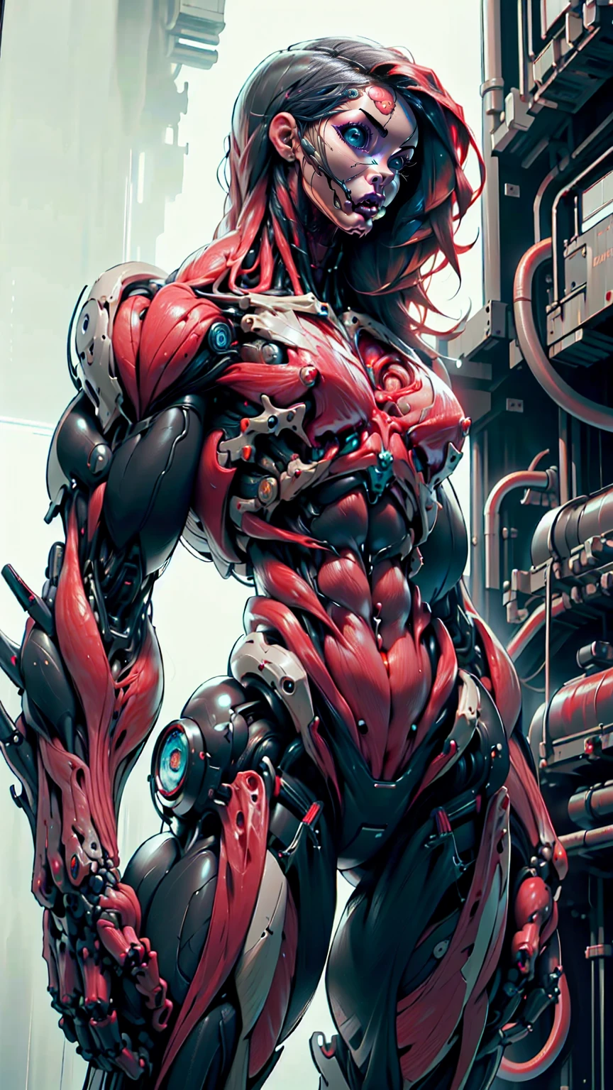 (1 girl), (megan fox:1.25), (muscular android girl wearing a red anatomic bio-mecha cybernetic muscle suit:1.25), (wide shoulders:1.25), (muscular defined physique:1.25), perfect hands, (long hair:1.25), looking at viewer, high resolution image, extreme detail, blank background