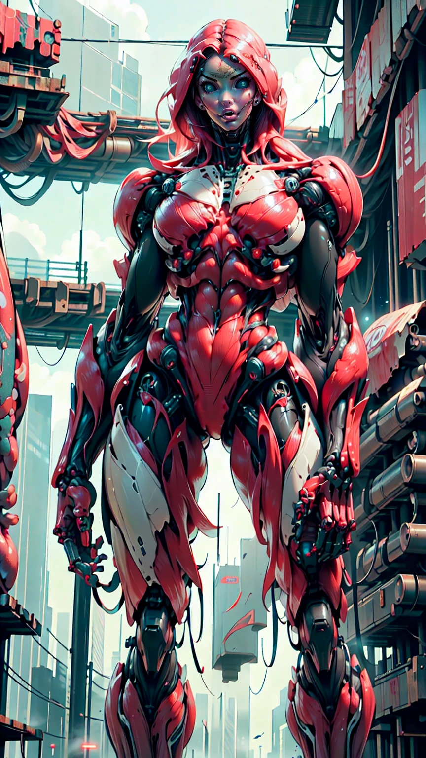 (1 girl), (megan fox:1.25), (muscular android girl wearing a red anatomic bio-mecha cybernetic muscle suit:1.25), (wide shoulders:1.25), (muscular defined physique:1.25), perfect hands, (long hair:1.25), looking at viewer, high resolution image, extreme detail, blank background