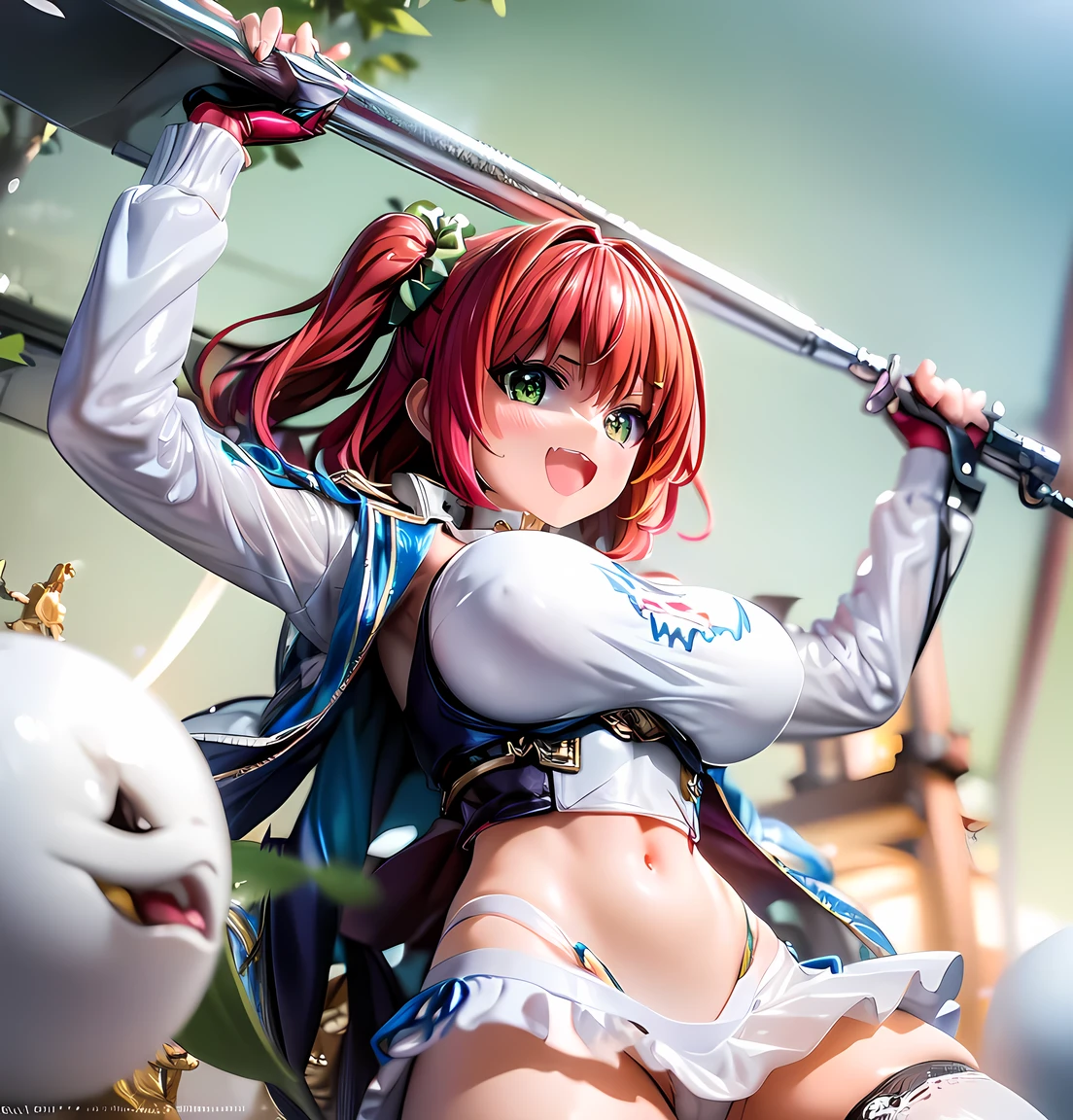 best quality, masterpiece, extremely detailed CG, official art , professional lighting, detailed background, sakimiyairuka, red hair, green eyes, one side up, medium hair, green scrunchie, hair ornament, gleaming skin, big breasts, micro bikini
