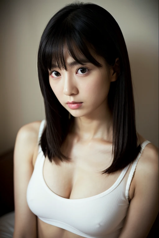 ultra detailed, 8K, woman, thinking, serious look, seiza, looking at viewer, long hair, blunt cut, straight hair, black hair, black eyes, eyes open, fair skin, tiny, glamorous, white tank top, underwear, cute face, baby face, 20-year-old, japanese, in the bedroom, at midnight, kawaii, ultra realistic photo, full body shot