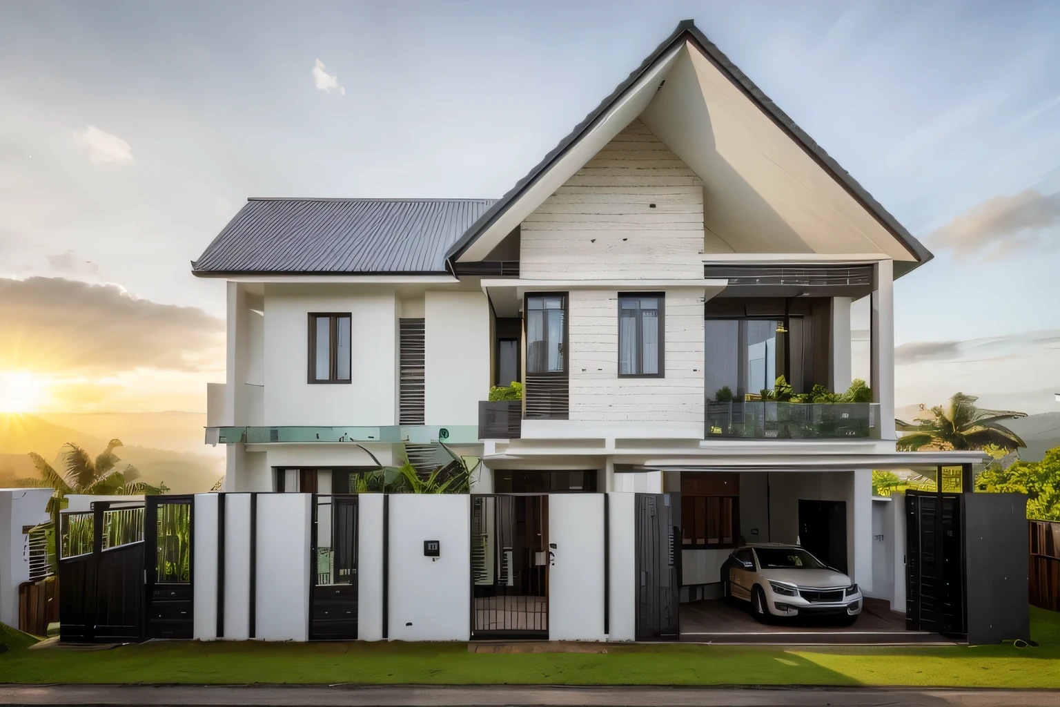 a contemporary luxury house with large span balcony on a slope hill , glass railing, ((coconut trees)), morning sunlight