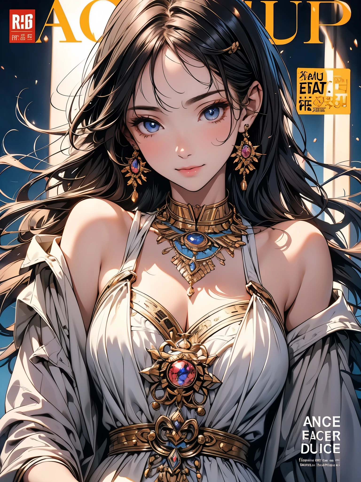 ((focus on the face)), ((Beautiful facial features)), Extra high detailed description eyes, Beautiful eyes, Beautiful woman, Beautiful arms, Beautiful Hands, (slender), Detailed depiction of faces, Small earrings, necklace, litle smile, Outstanding style, colour ink art, Line art, colour pencil writing, magazine cover, illustration, anime style, (magazine:1.3), (cover-style:1.3), drop shadow, projected inset, 8K, Masterpiece, anatomically correct, award winning, best quality