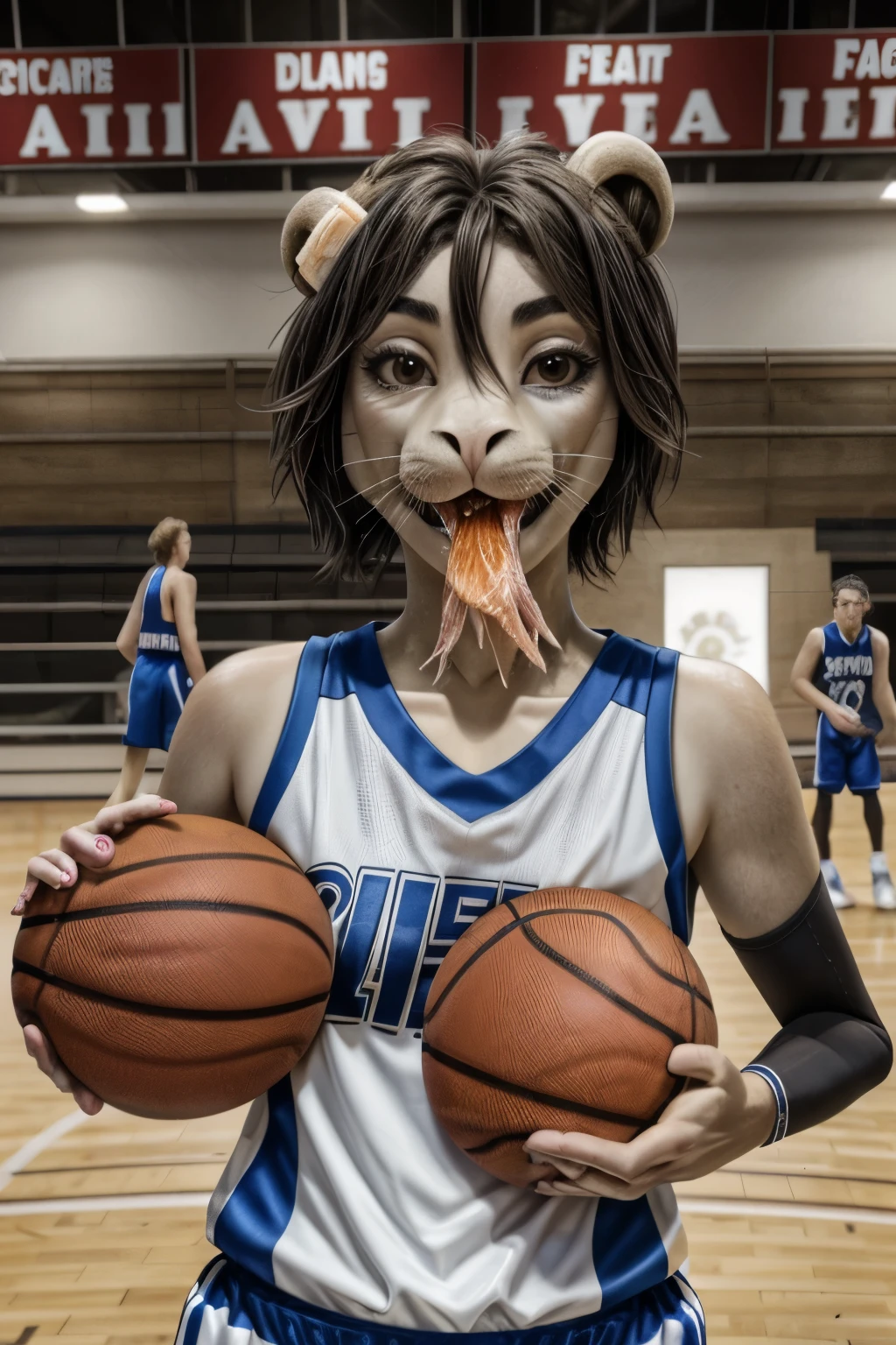 Female seal basketball player, furry seal woman, eating fish! Sea animal