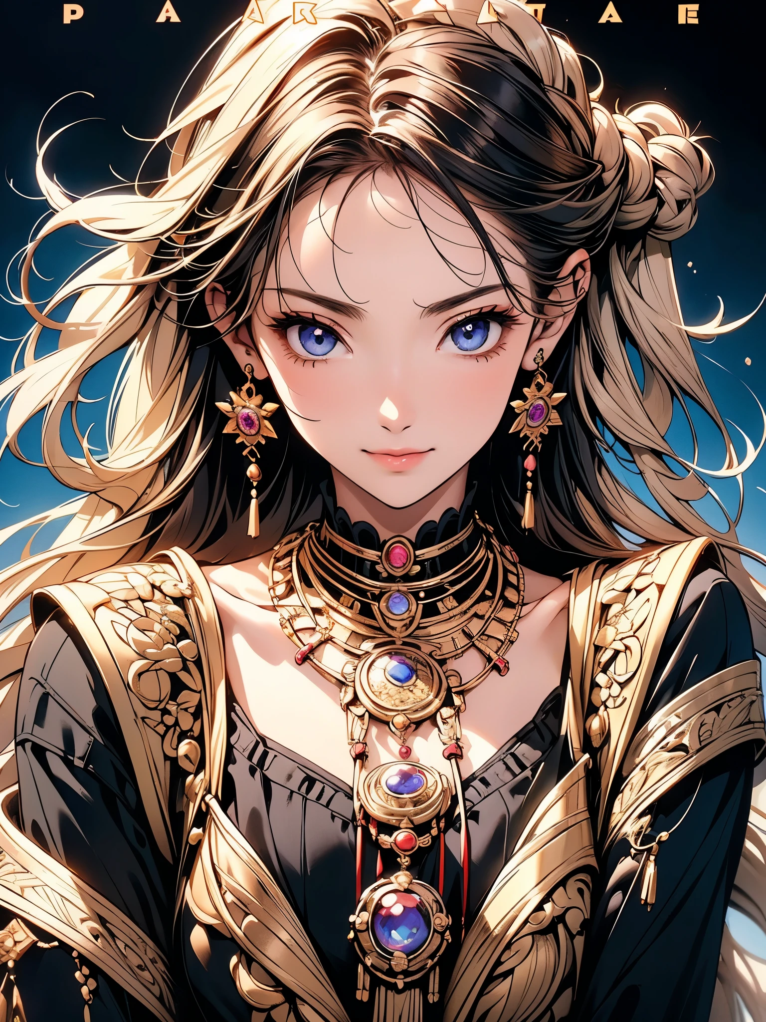 ((focus on the face)), ((Beautiful facial features)), Extra high detailed description eyes, Beautiful eyes, Beautiful woman, Beautiful arms, Beautiful Hands, (slender), Detailed depiction of faces, Small earrings, necklace, litle smile, Outstanding style, colour ink art, Line art, colour pencil writing, magazine cover, illustration, anime style, (magazine:1.3), (cover-style:1.3), drop shadow, projected inset, 8K, Masterpiece, anatomically correct, award winning, best quality