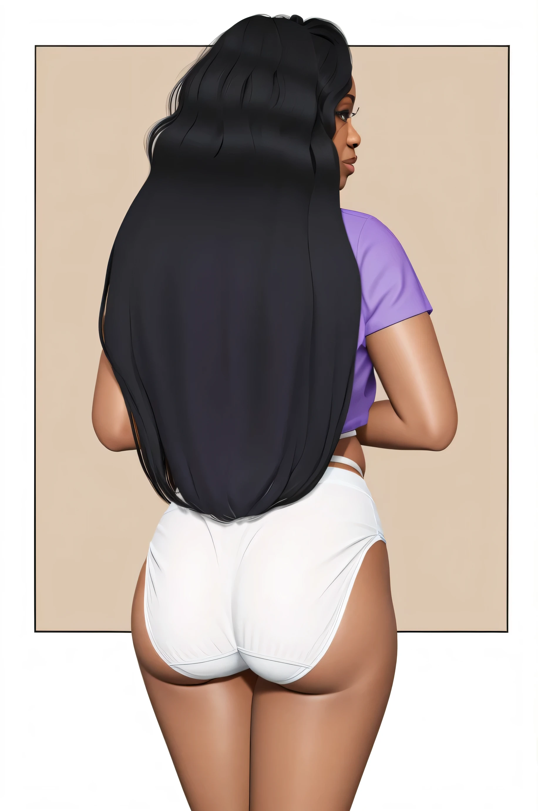 ((masterpiece, best quality)), ((((perfect anatomy)))), ((33 year old)), (((Curvy))), ((Black woman with long black curly hair)), in ((white fullback panties)), ((purple shirt)), ((wide hips)), smirking, (((Back shot))), (((photo realistic)))