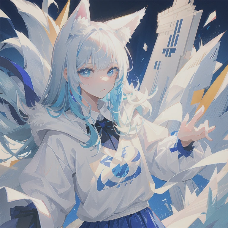 1 girl, cosplay fursuit, cool and cute vibes. Cute fursuit head with sharp blue eyes and white-blue gradient hair, white wolf ears. Fluffy white sweater and mini skirt, white wolf tail. Focused on face, beautiful face, cute face, pleading eyebrow