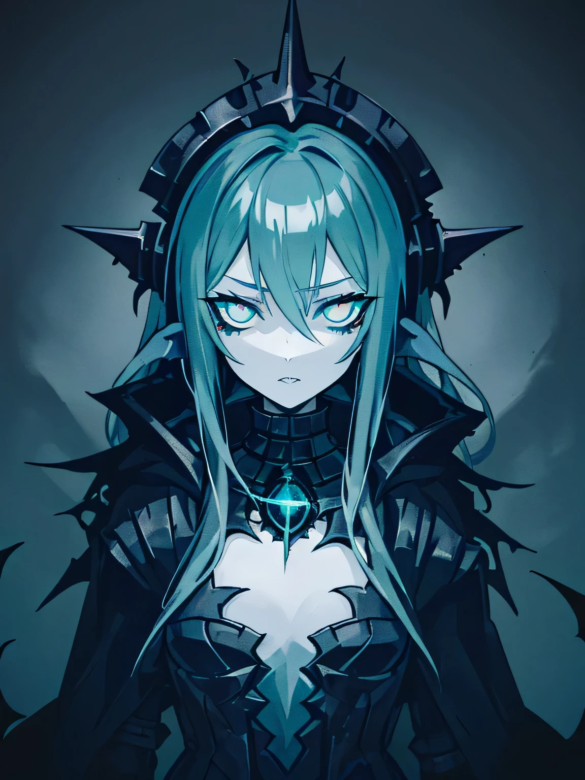 (((darkest dungeon style))), (dark monster girl), ((gloomy mermaid girl)), (sharp teeths), ((pale turquoise skin)), ((dark turquoise fish scales)), ((black sclera)), gray blue eyes, fish styled steel helmet, oceanic pikestaff, very dark background, (dark lighting), many shadows, cold lights