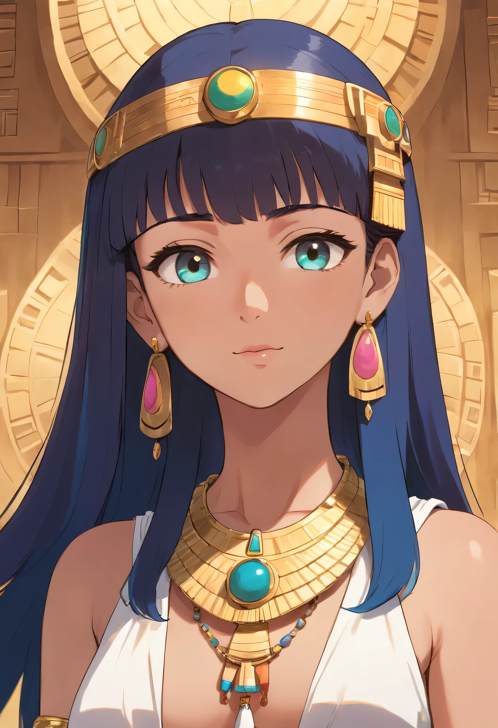 A girl Cleopatra wearing a pharaoh's necklace, longo decote , um colar longo e brincos, no estilo de paisagens de deserto egito, animated color photos, Masami Teraoka, preto, Paulo Gauguin, Estilo Embry, retrato honesto
